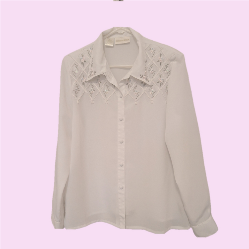 Christie & Jill Sheer Blouse White Embroidered Women's Top 14 Vintage Bling Chic